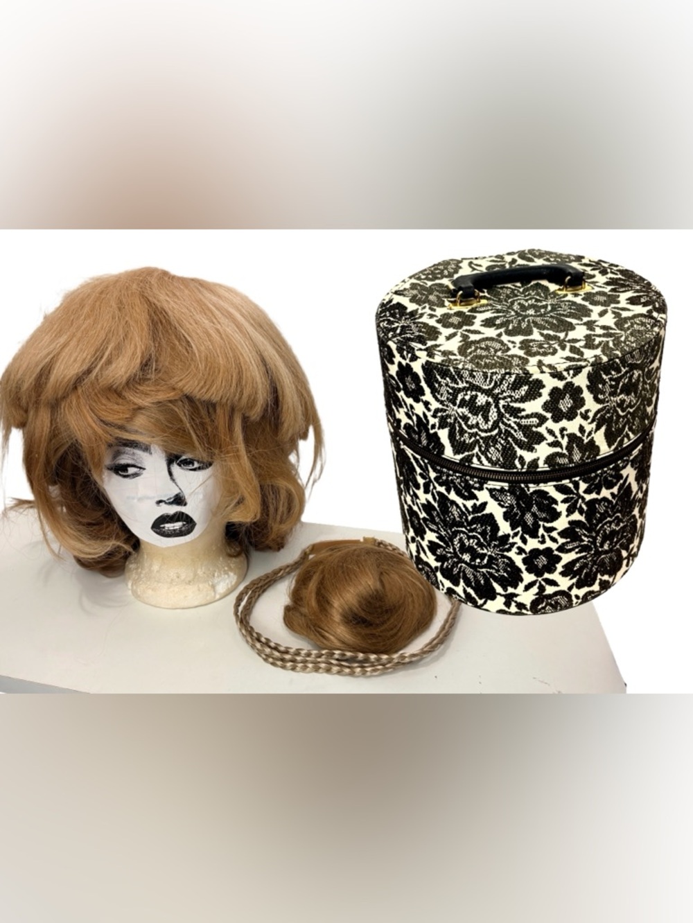 Vintage Photoshoot 7 piece Wig Set and Munro Tapestry Flower Wig Hat Box